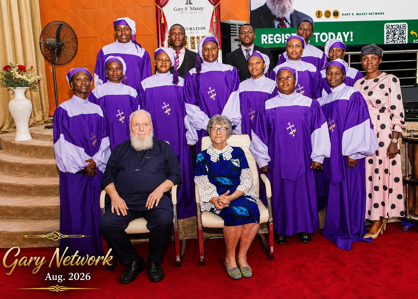 The choir robed in purple with Rev. Prof. Gary S. Maxey and Dr. Emma Lou Maxey